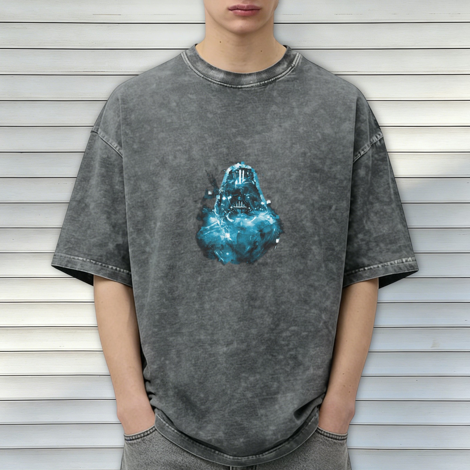 Washed Black Oversized T-Shirt With Glowing Blue Darth Vader Graphic