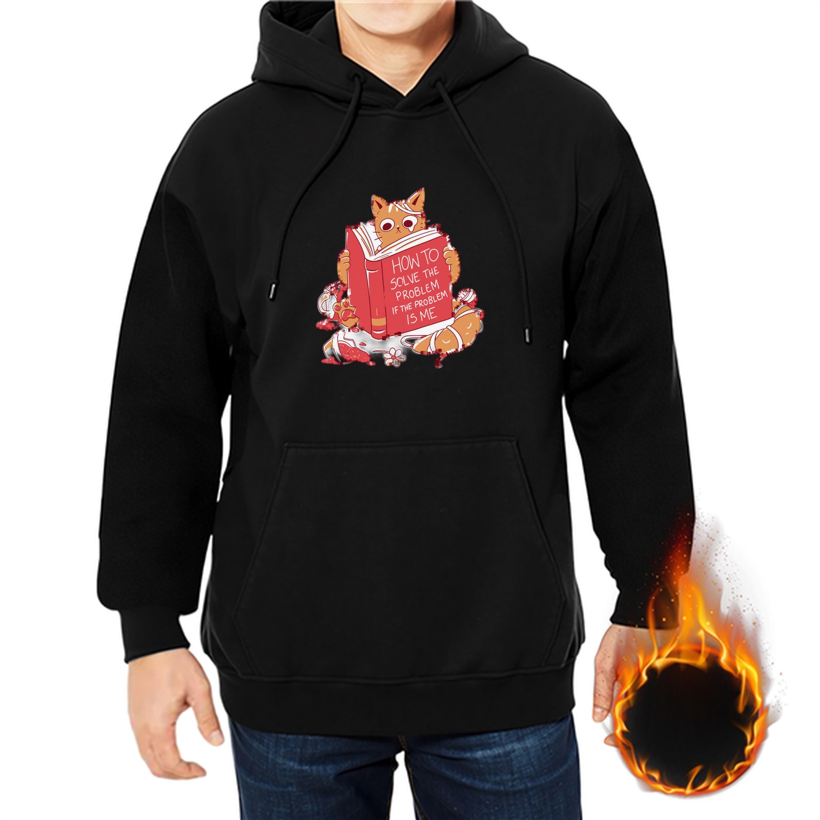 Black hoodie with a ginger cat reading a self help book graphic