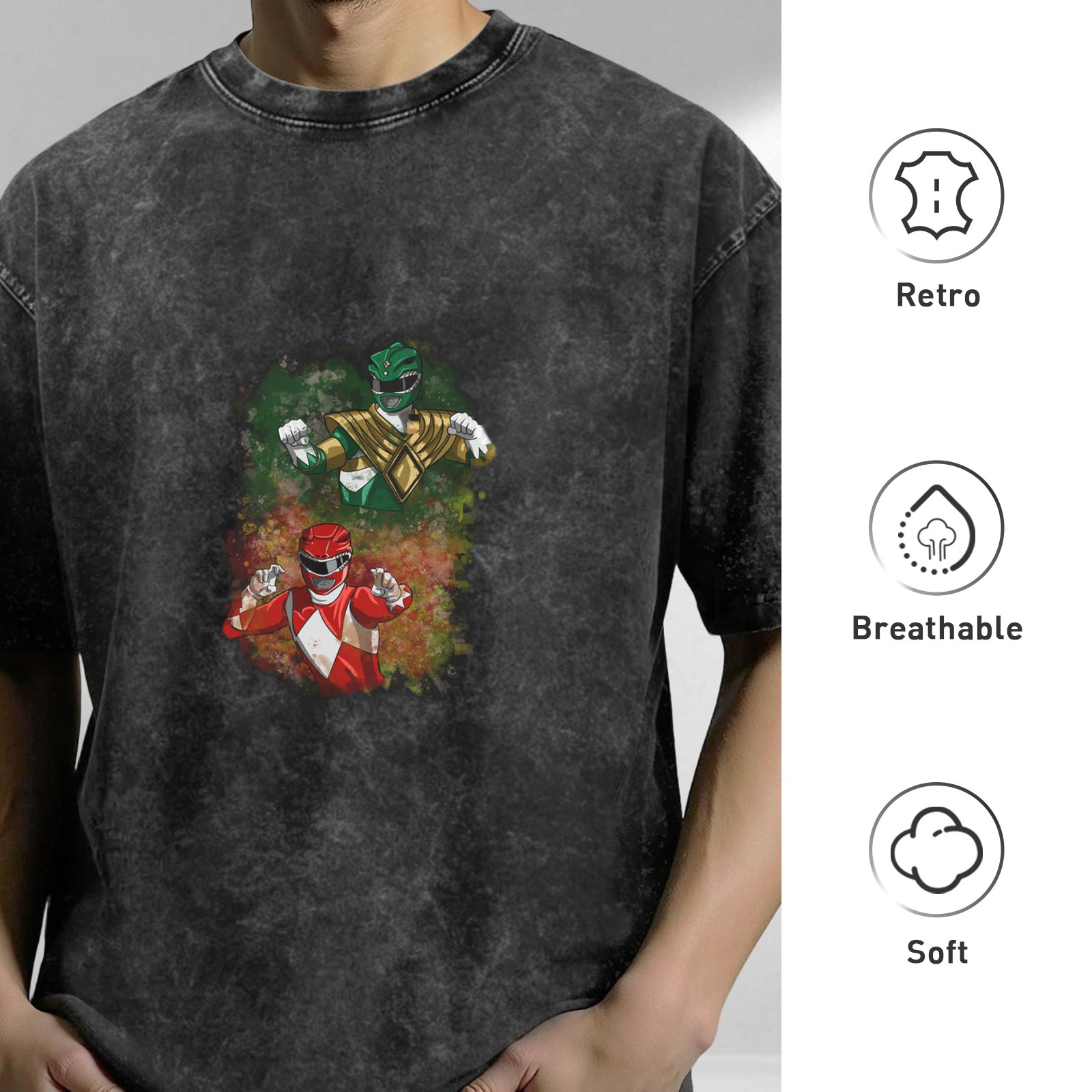 Power Rangers Red and Green Vintage Wash Graphic T-Shirt