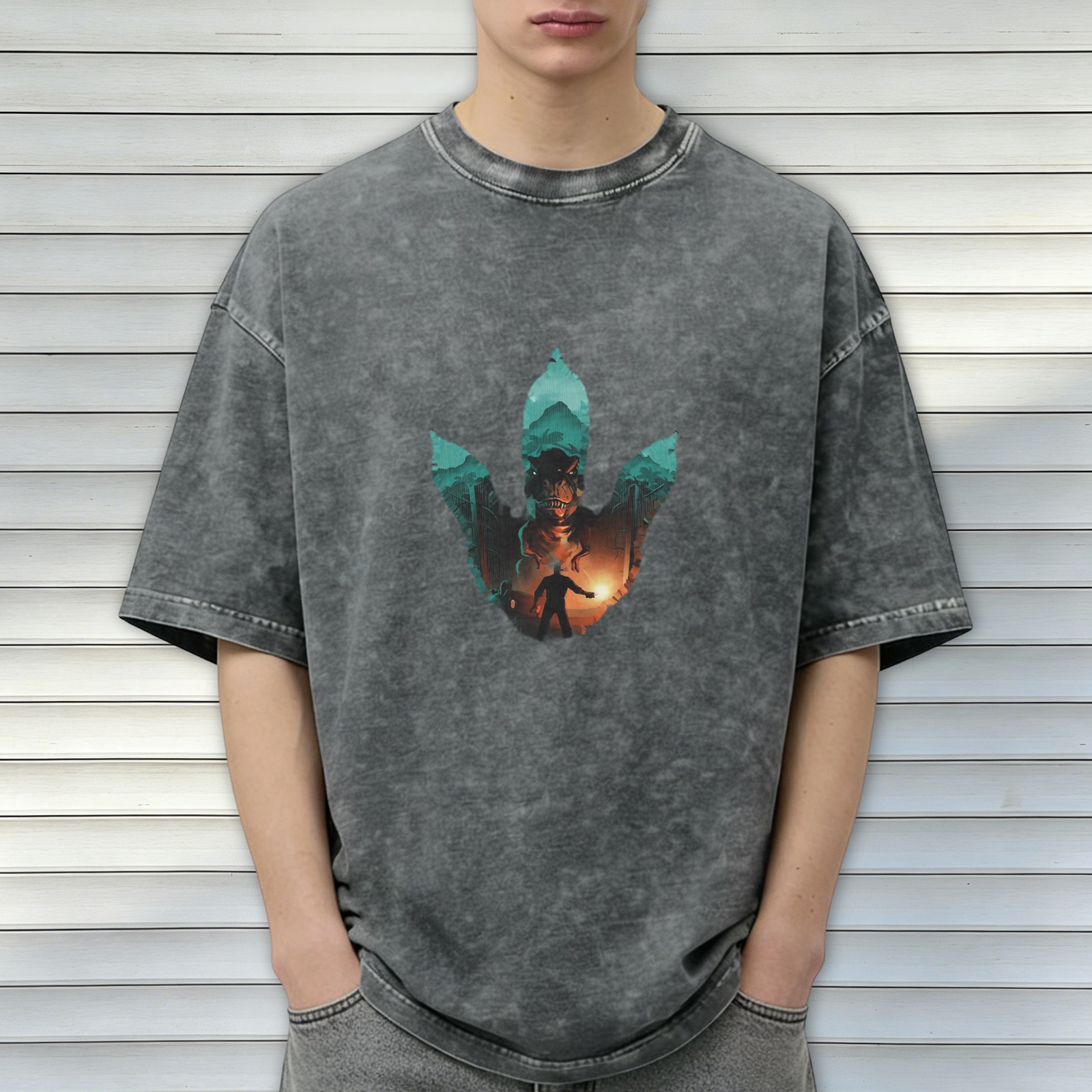 Distressed washed black dinosaur paw print short-sleeved T-shirt