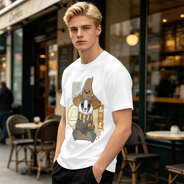 Olive T-Shirt With Cute Wizard Badger Graphic Print