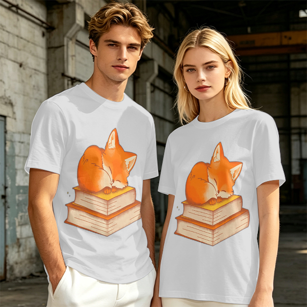 Olive T-Shirt With Sleeping Fox On Stacked Books Print