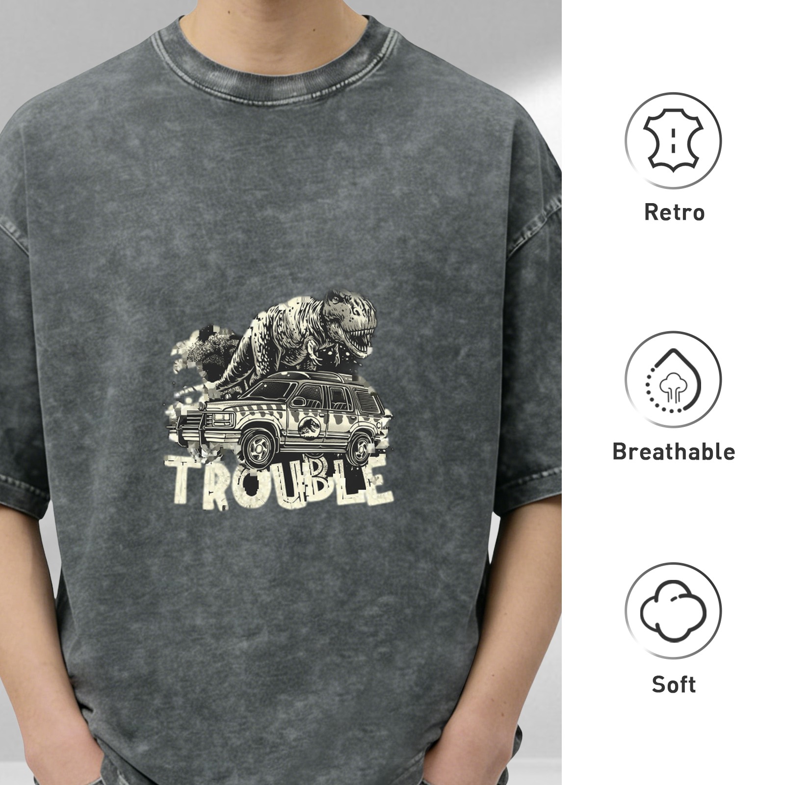 Washed Black T-Rex Dinosaur SUV Trouble Graphic T-Shirt