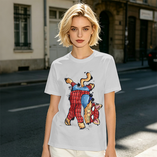 Olive T-Shirt With Playful Spider Cat Superhero Graphic Print