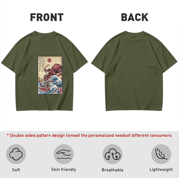 Olive T-shirt with Japanese octopus and wave woodblock print