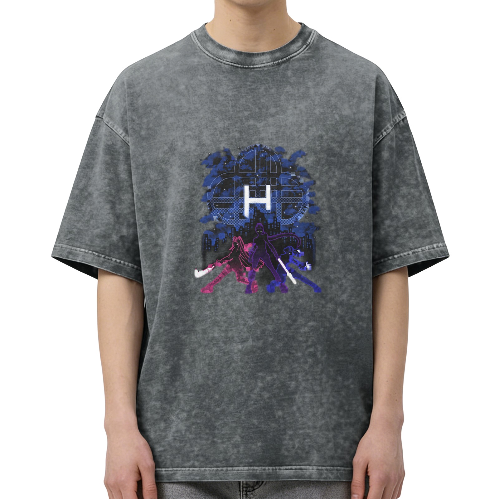 Washed black graphic t-shirt with anime hero silhouettes and cityscape design