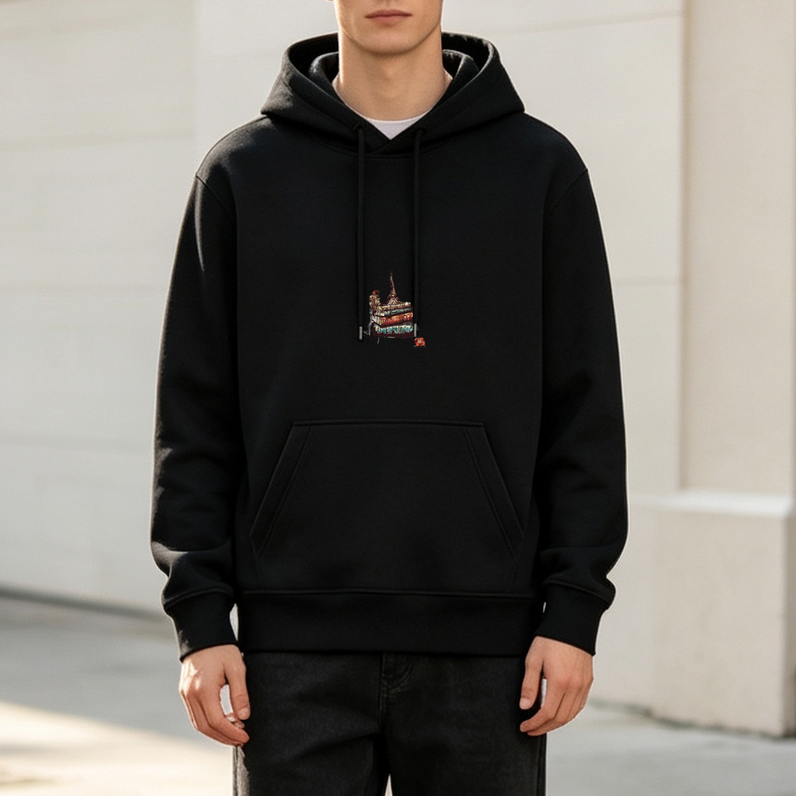 Black Hoodie With Small Graphic Print On Chest