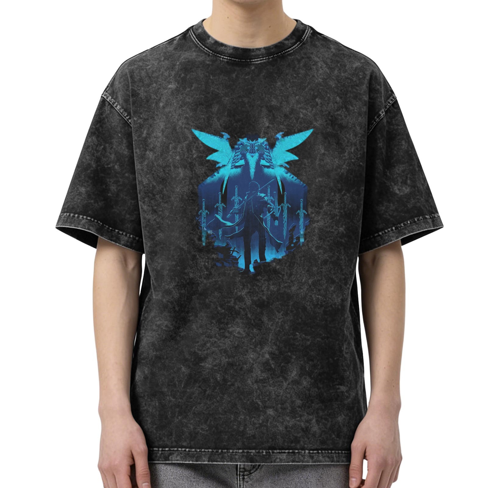 Washed black graphic t-shirt with blue fantasy winged warrior print