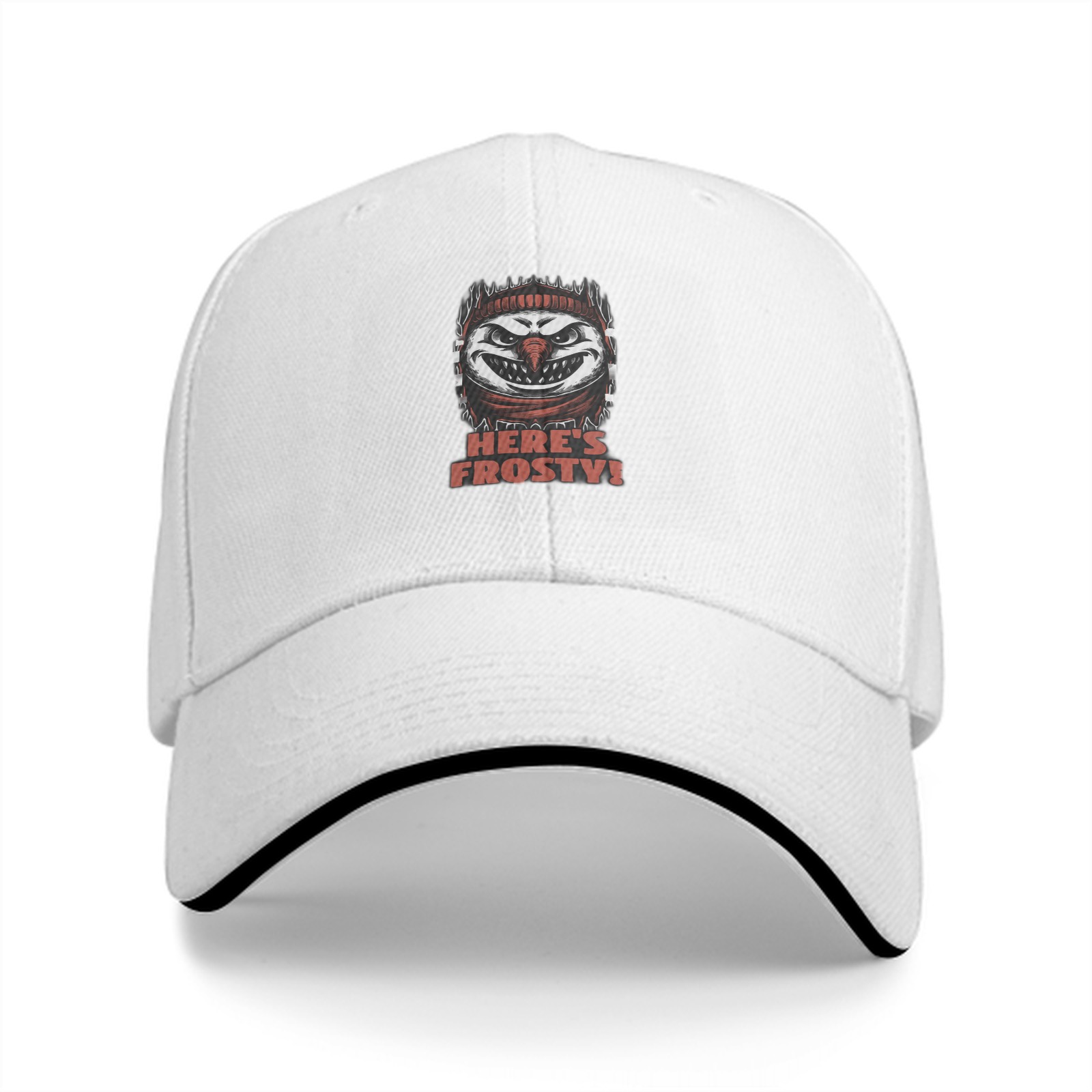 Black baseball cap with evil snowman 'Here's Frosty!' graphic