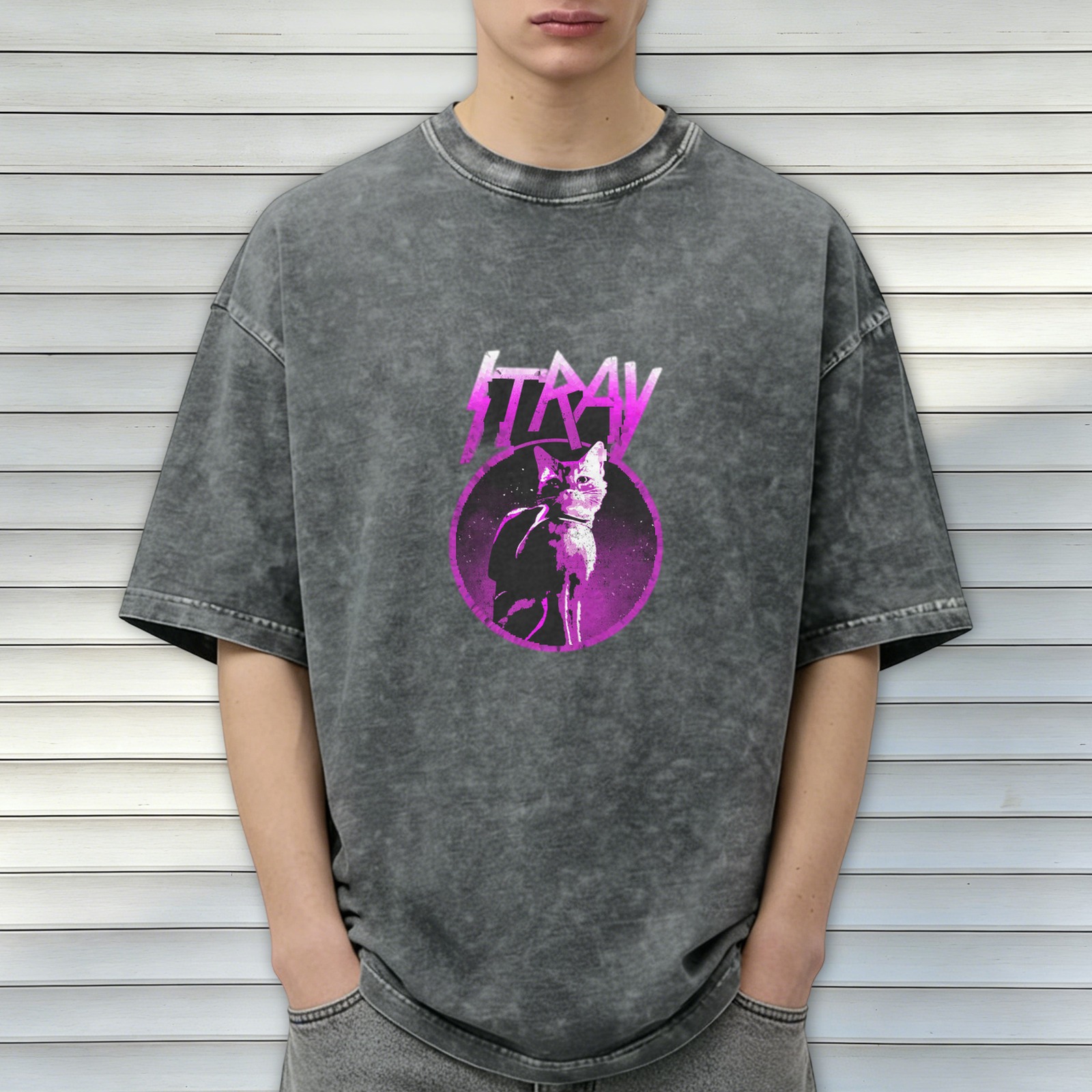 Stray Game Cat Graphic Acid Wash Black T-Shirt