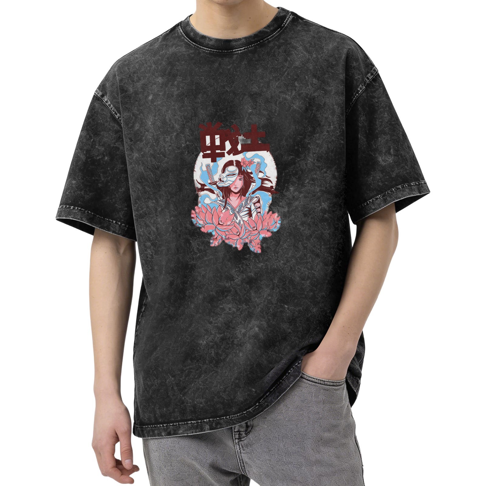 Oversized dark washed t-shirt with anime warrior girl and lotus print