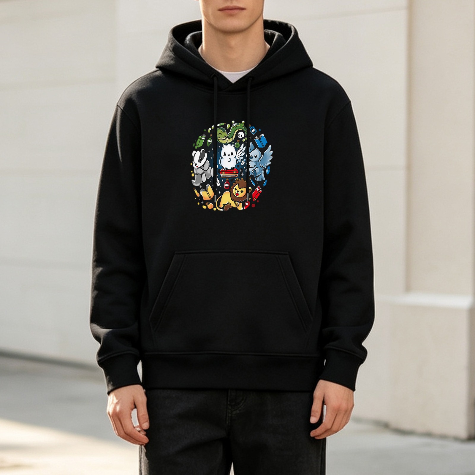 Black hoodie with cute magical house mascot graphic