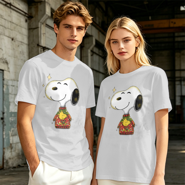 Olive T-shirt with Snoopy in Christmas Sweater Graphic