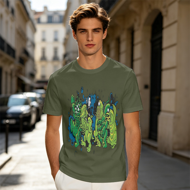 Olive Green T-Shirt With Abstract Green Monster Graphic Print
