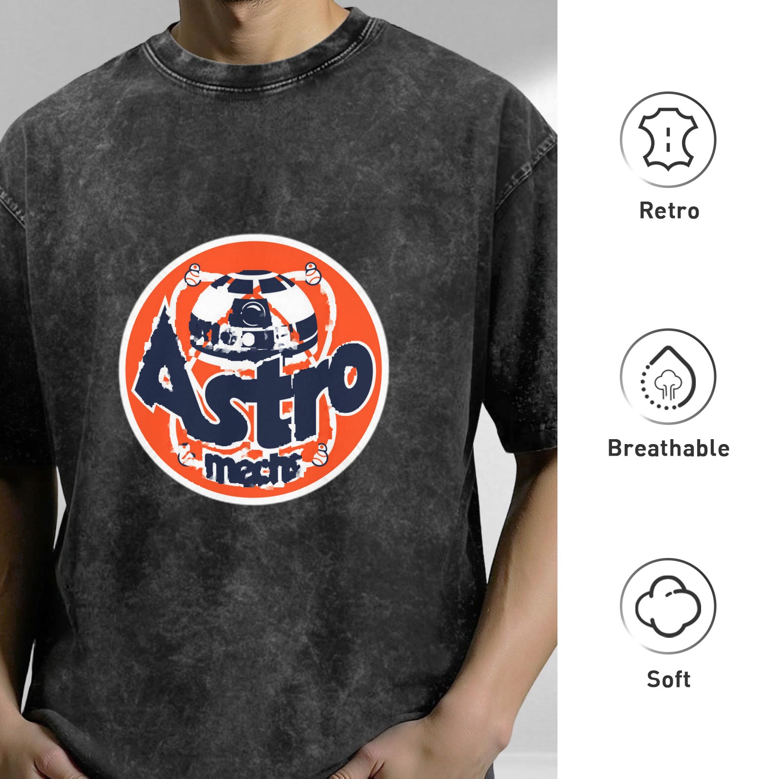 Distressed washed black round neck short-sleeved T-shirt Retro Astro themed printed casual top