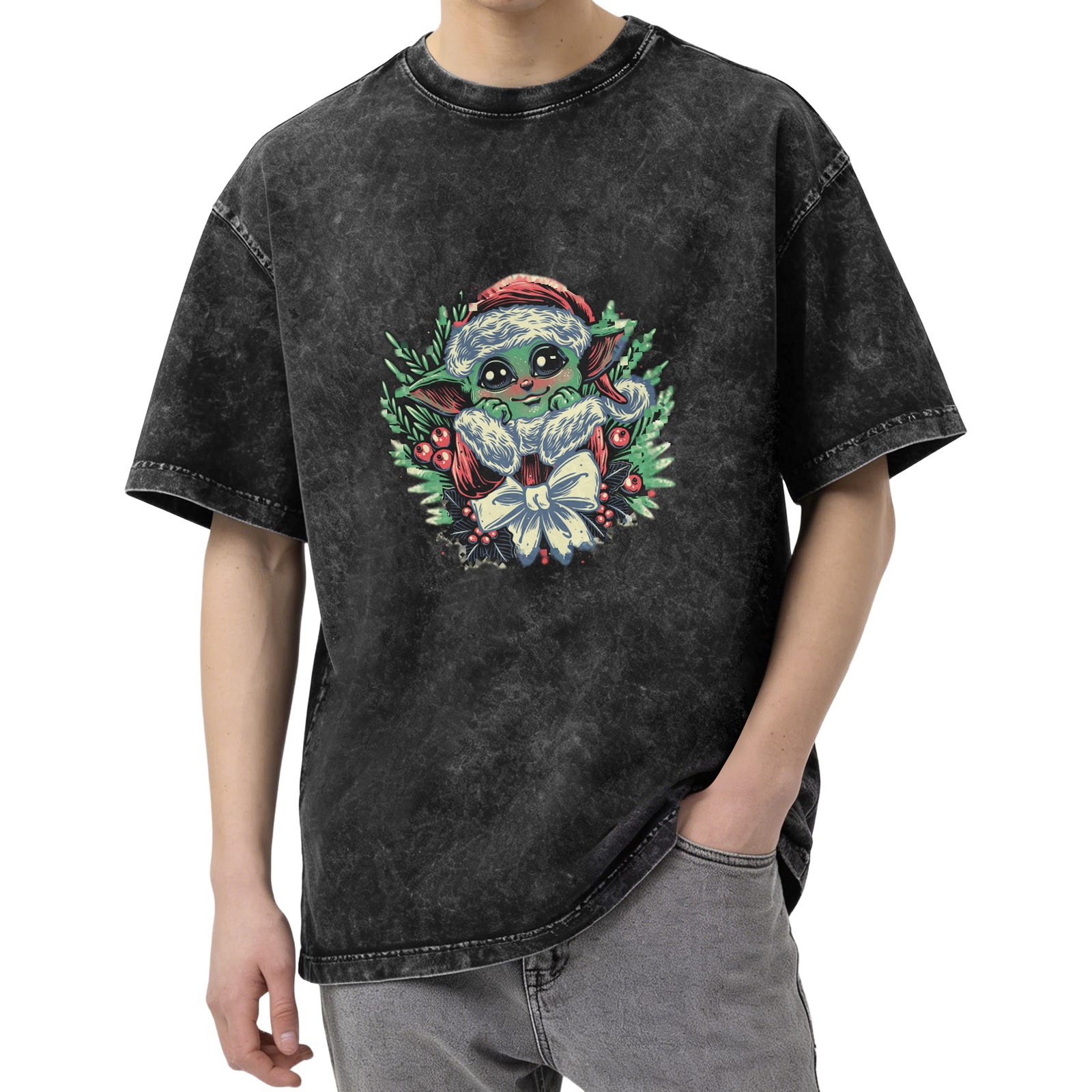 Washed Black T-Shirt With Christmas Baby Alien Graphic