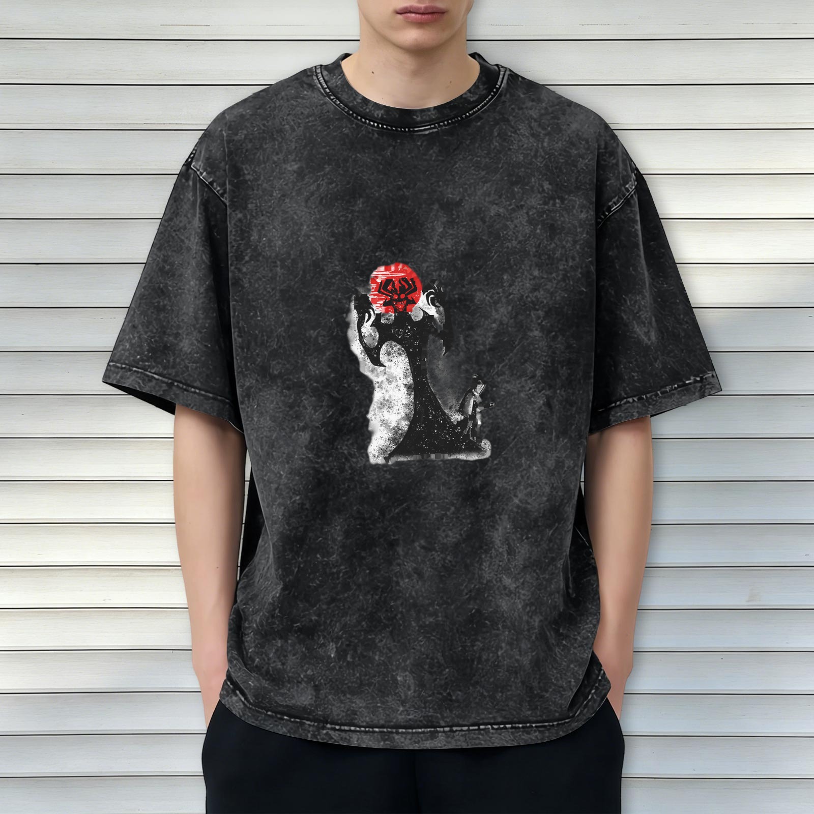 Oversized Acid Wash Graphic T-Shirt With Red Sun And Abstract Figure Print
