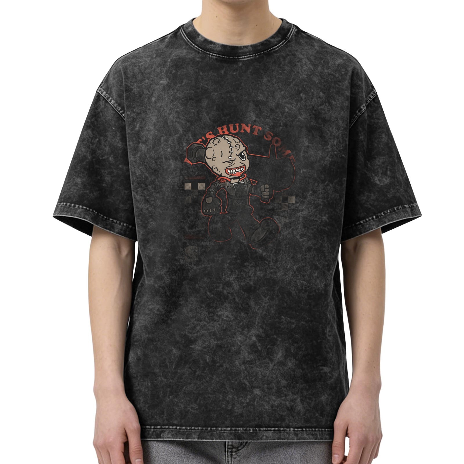 Washed Black Graphic T-Shirt With Stitched Horror Character Print