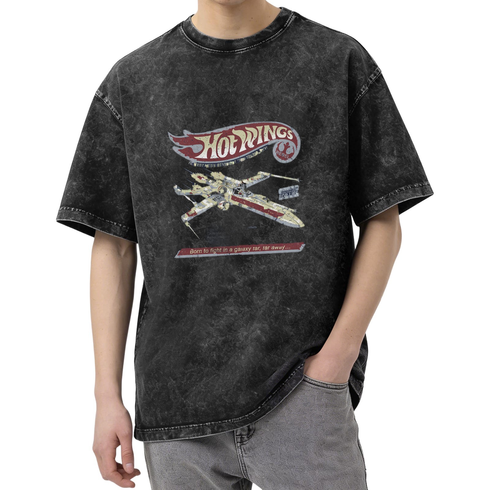 Vintage Wash 'Hot Wings' X-Wing Fighter Graphic T-Shirt - Star Wars Parody Design