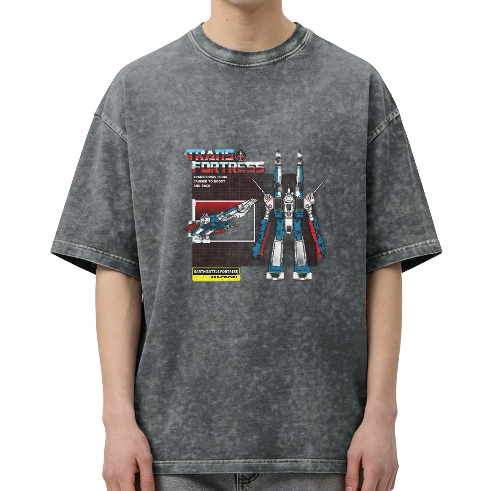 Retro distressed washed black short-sleeved T-shirt Battlestar mecha-themed printed loose top