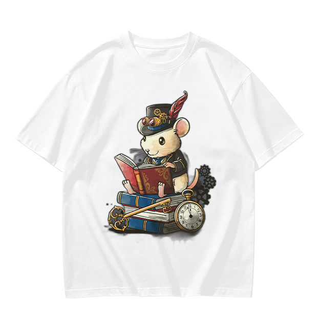 Steampunk mouse reading book graphic olive green t-shirt