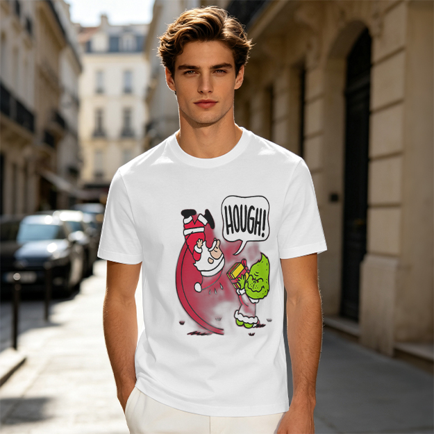 Olive Christmas T-Shirt With Grinch Lifting Santa Claus Print