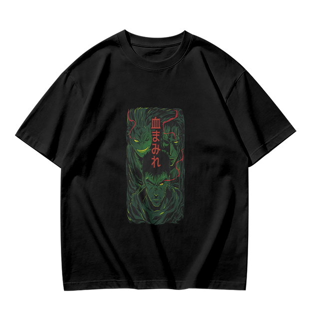Olive anime graphic t-shirt with three dark fantasy characters