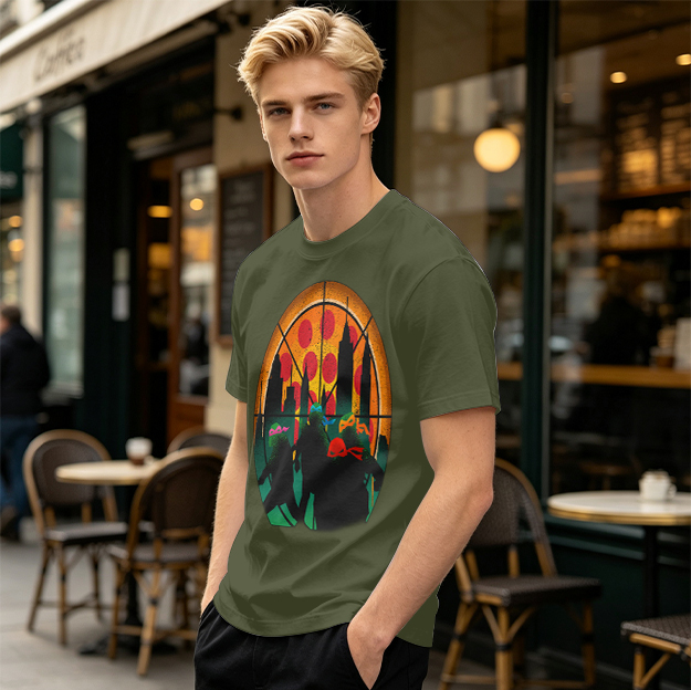 Olive T-Shirt With Ninja Turtles Pizza City Silhouette Print