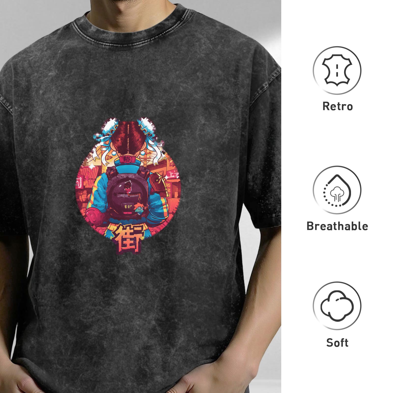 Washed Black Oversized T-Shirt with Japanese Anime Graphic Print