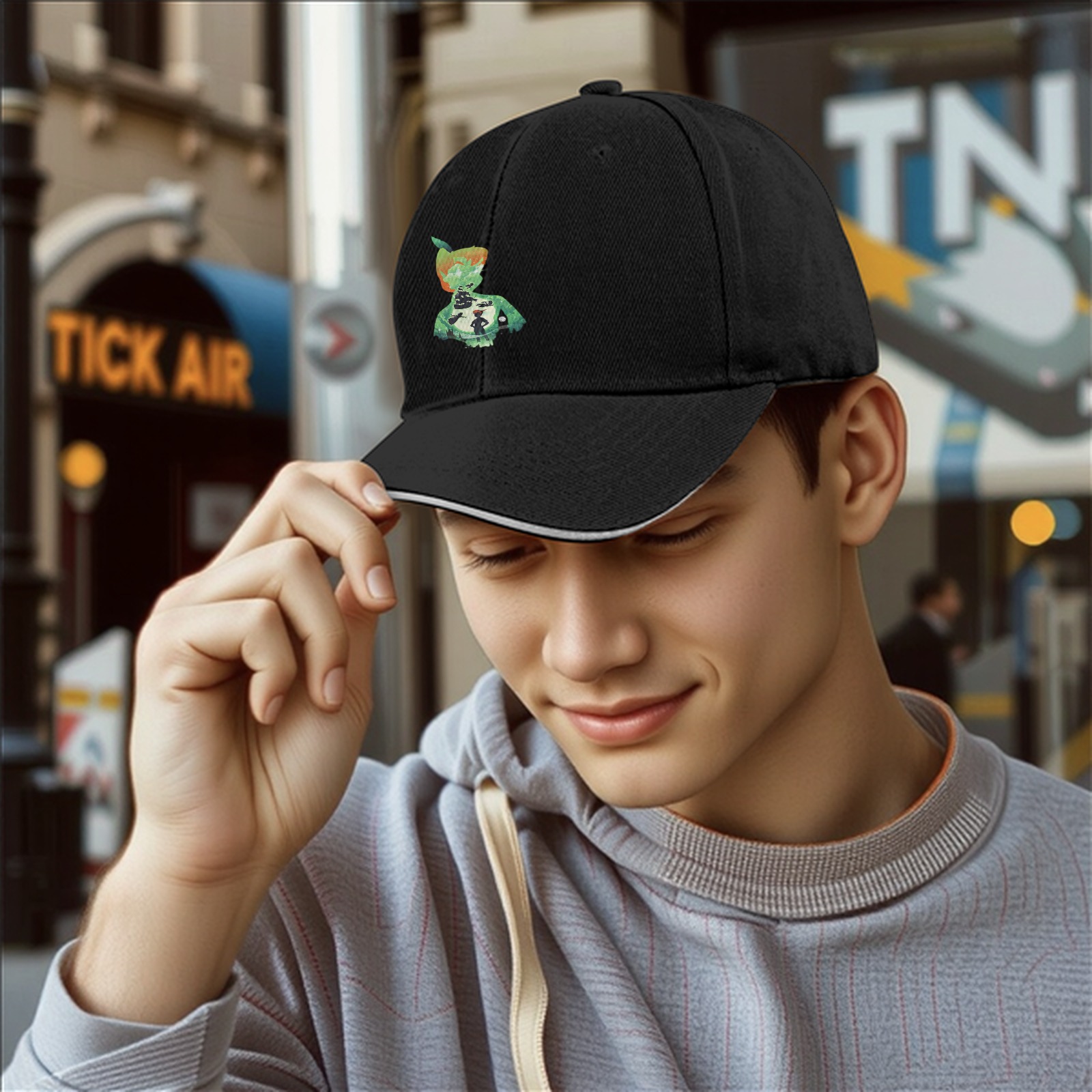 Black baseball cap with green apple boy graphic print