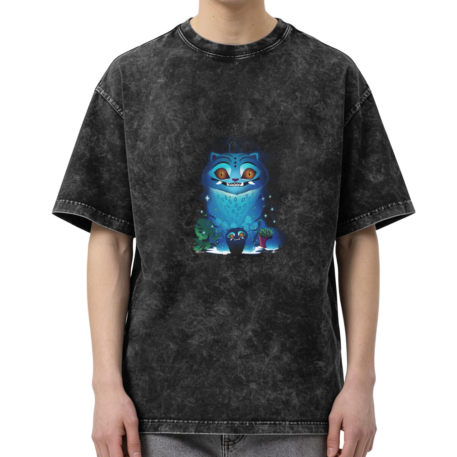 Distressed washed black loose short-sleeved T-shirt blue cat cartoon print trendy top