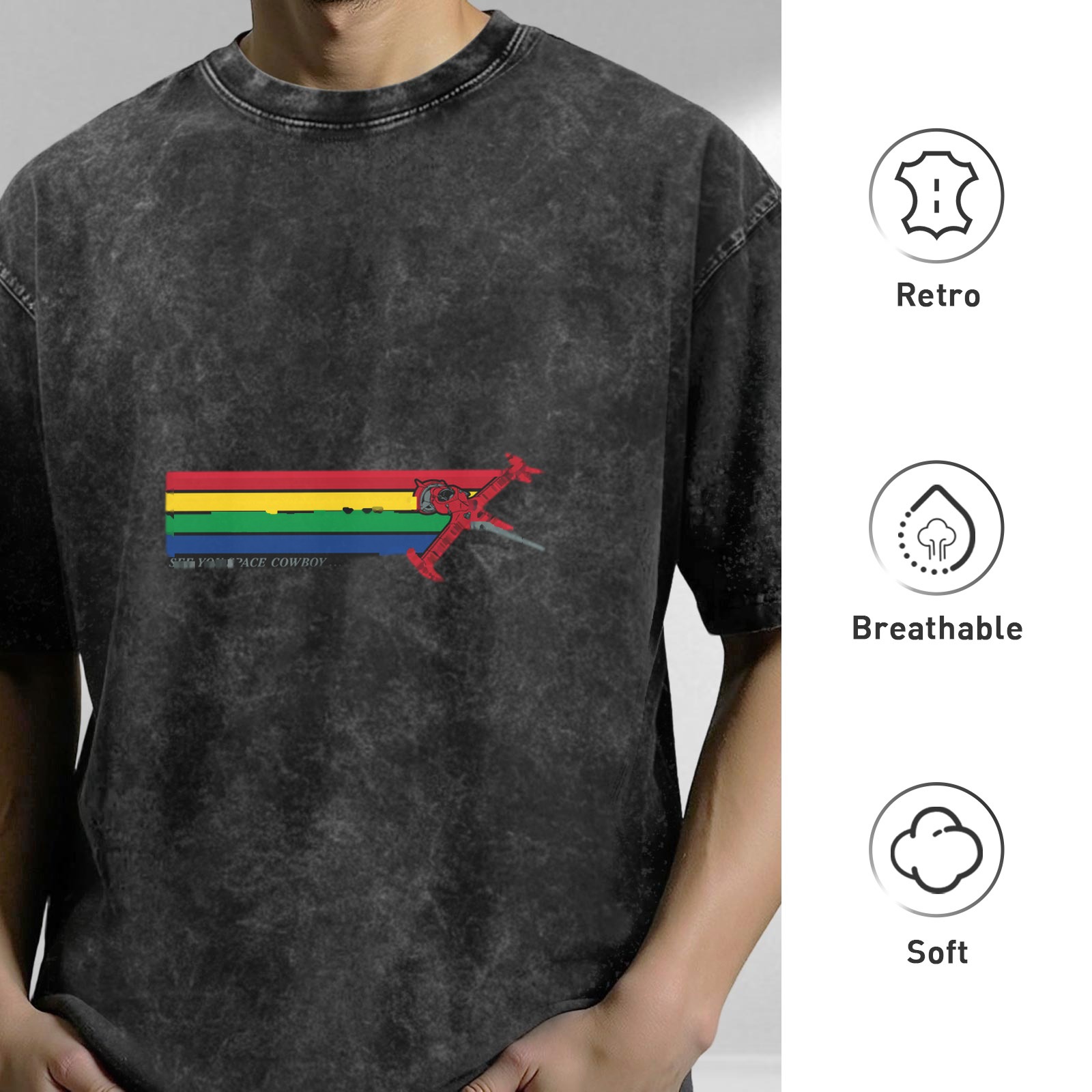 Washed Black Oversized T-Shirt With Rainbow Stripe And Red Spaceship Print