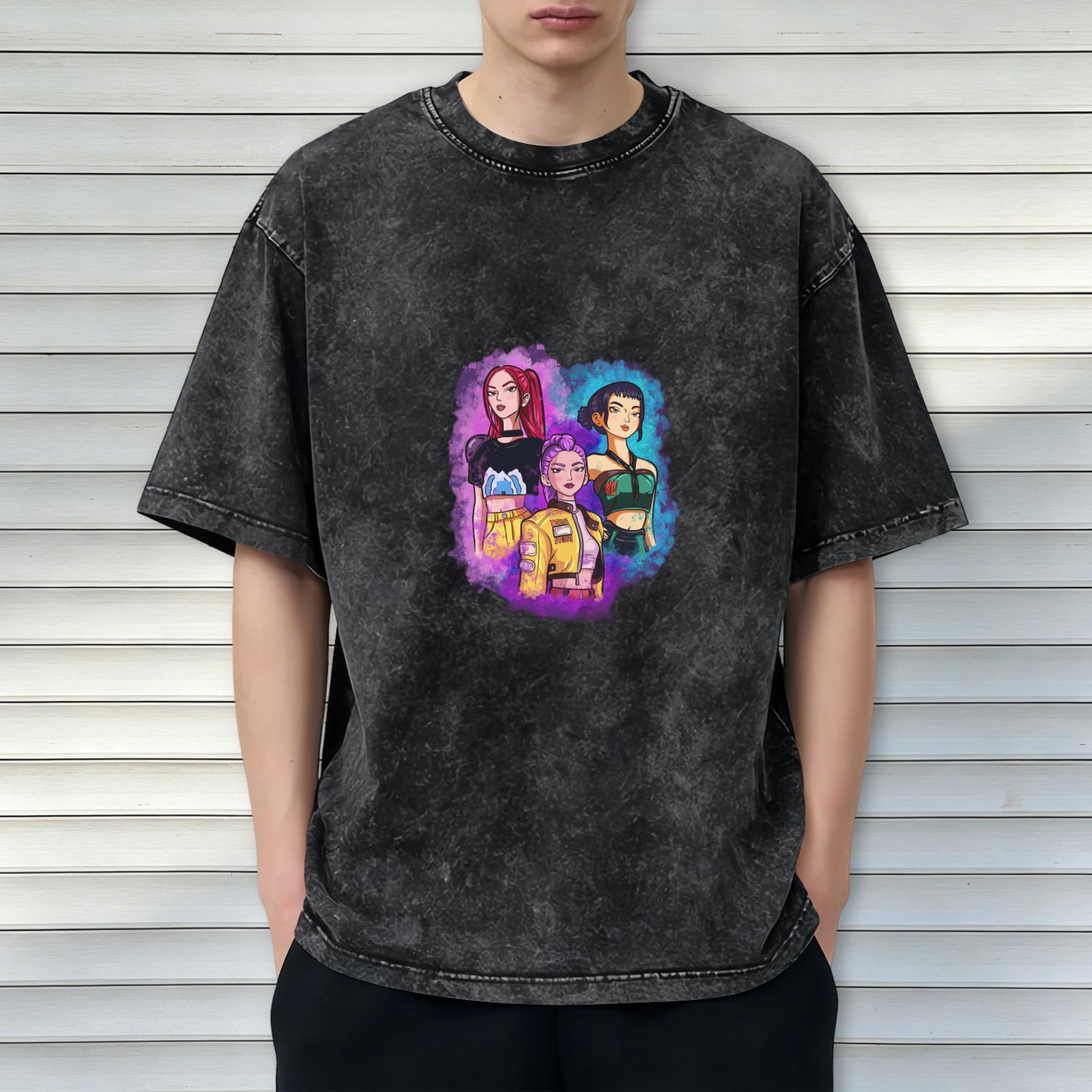 Oversized Acid Wash T-Shirt with Anime Girl Trio Graphic