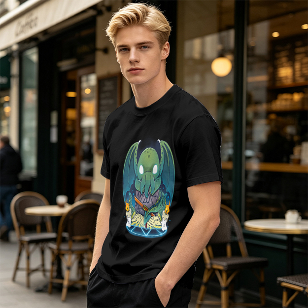 Olive T-shirt with Cute Cthulhu Reading Grimoire Print