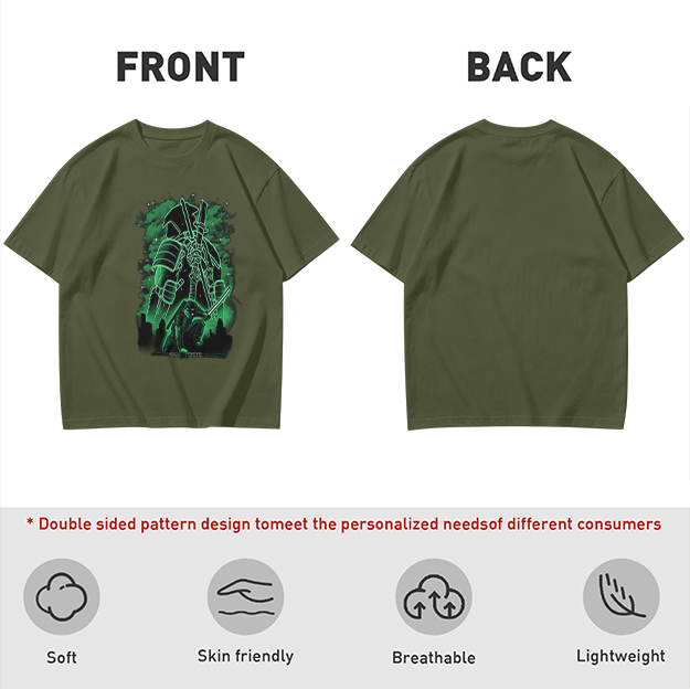 Olive Green T-Shirt With Neon Samurai Warrior Graphic