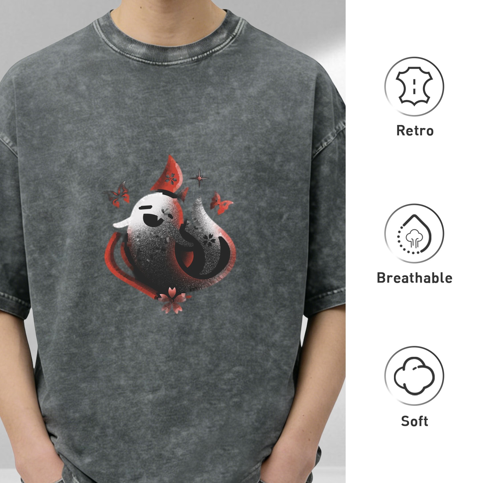 Washed black graphic t-shirt with cute ghost and fox print