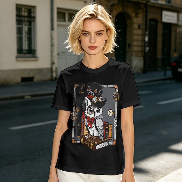 Owl in Steampunk Attire on Book Graphic Tee