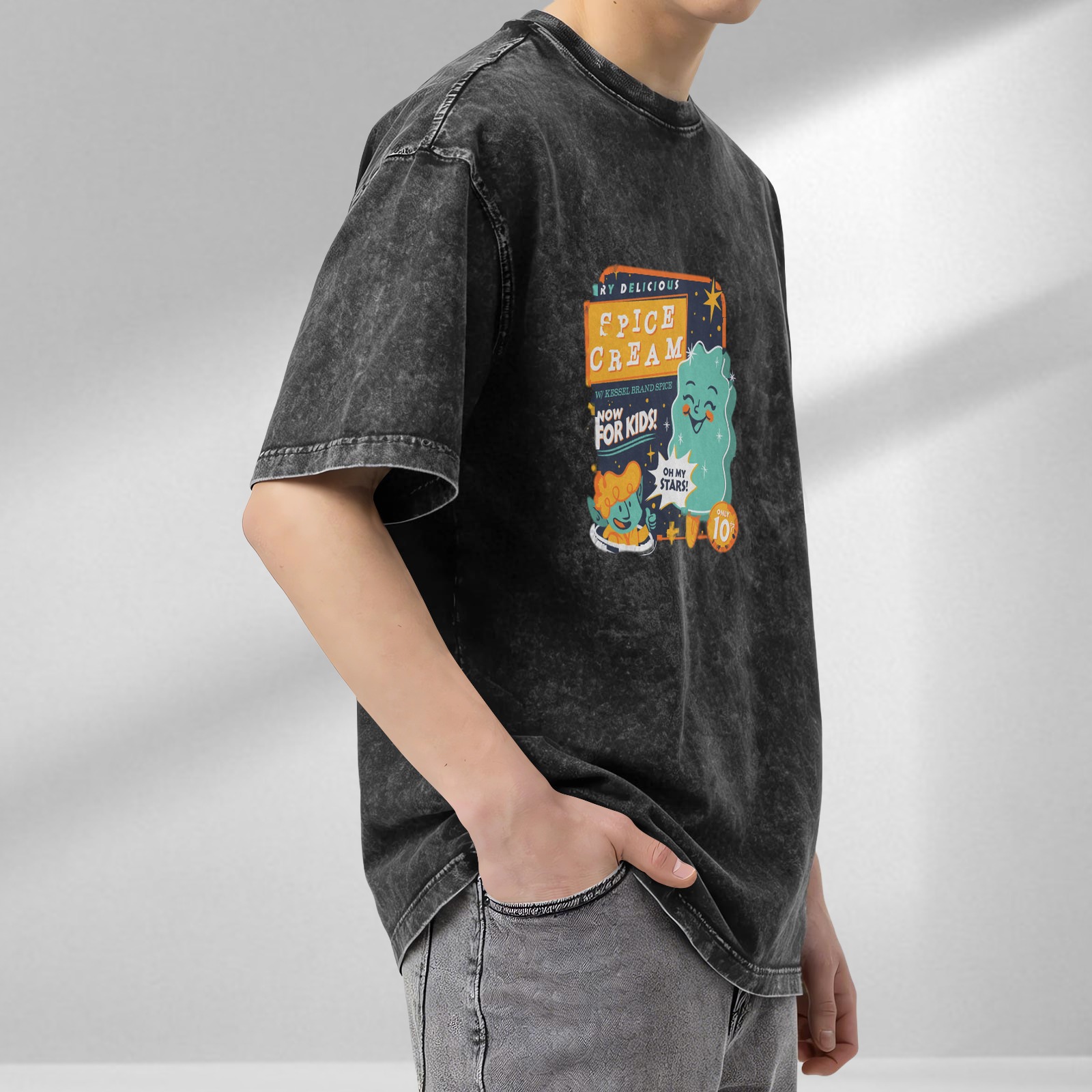 acid wash black t-shirt with retro space spice cream kids graphic