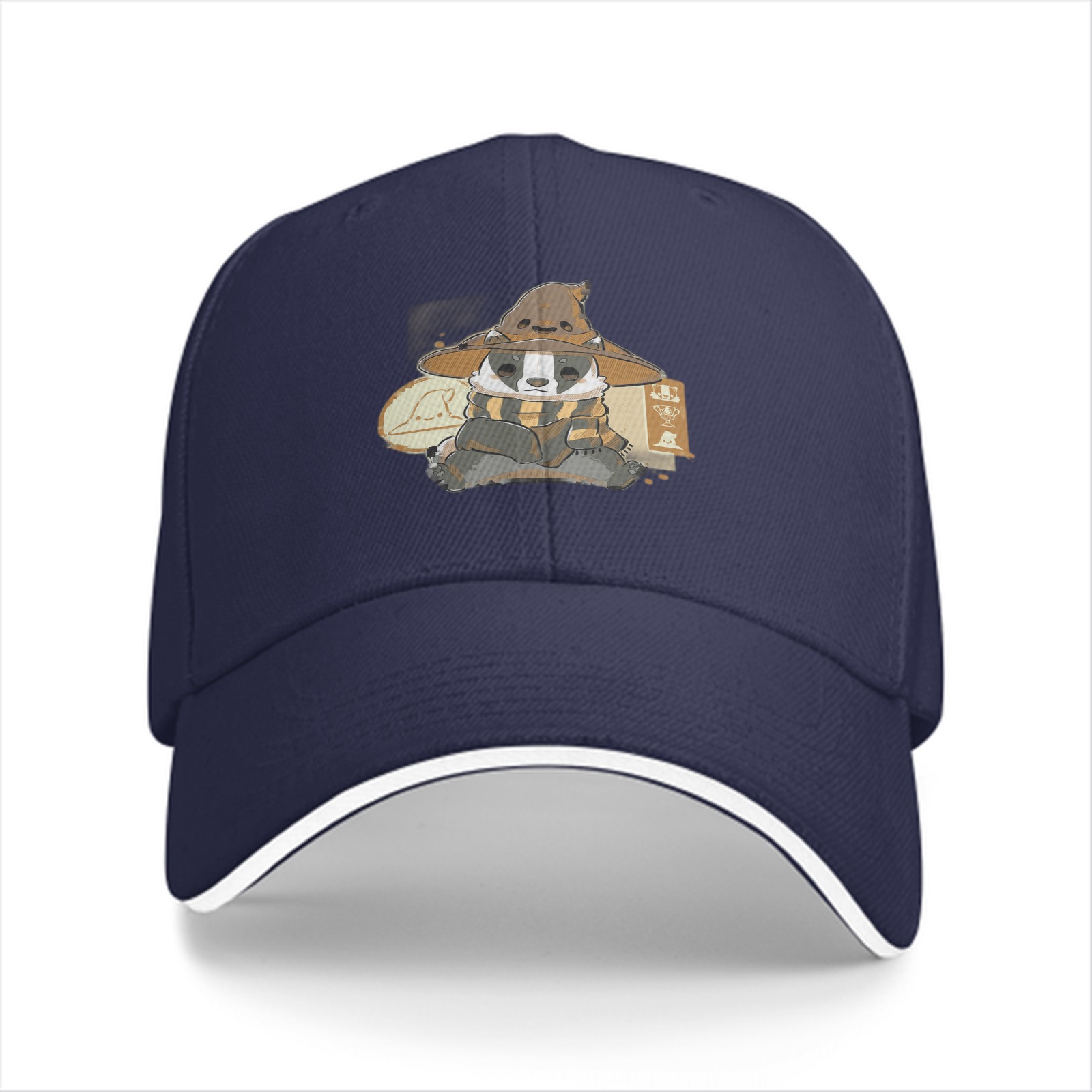 Black baseball cap with Hufflepuff badger wizard design