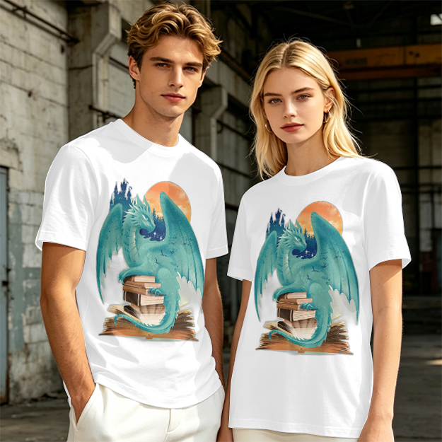 Teal Dragon Perched on Stacked Books Fantasy Graphic T-Shirt