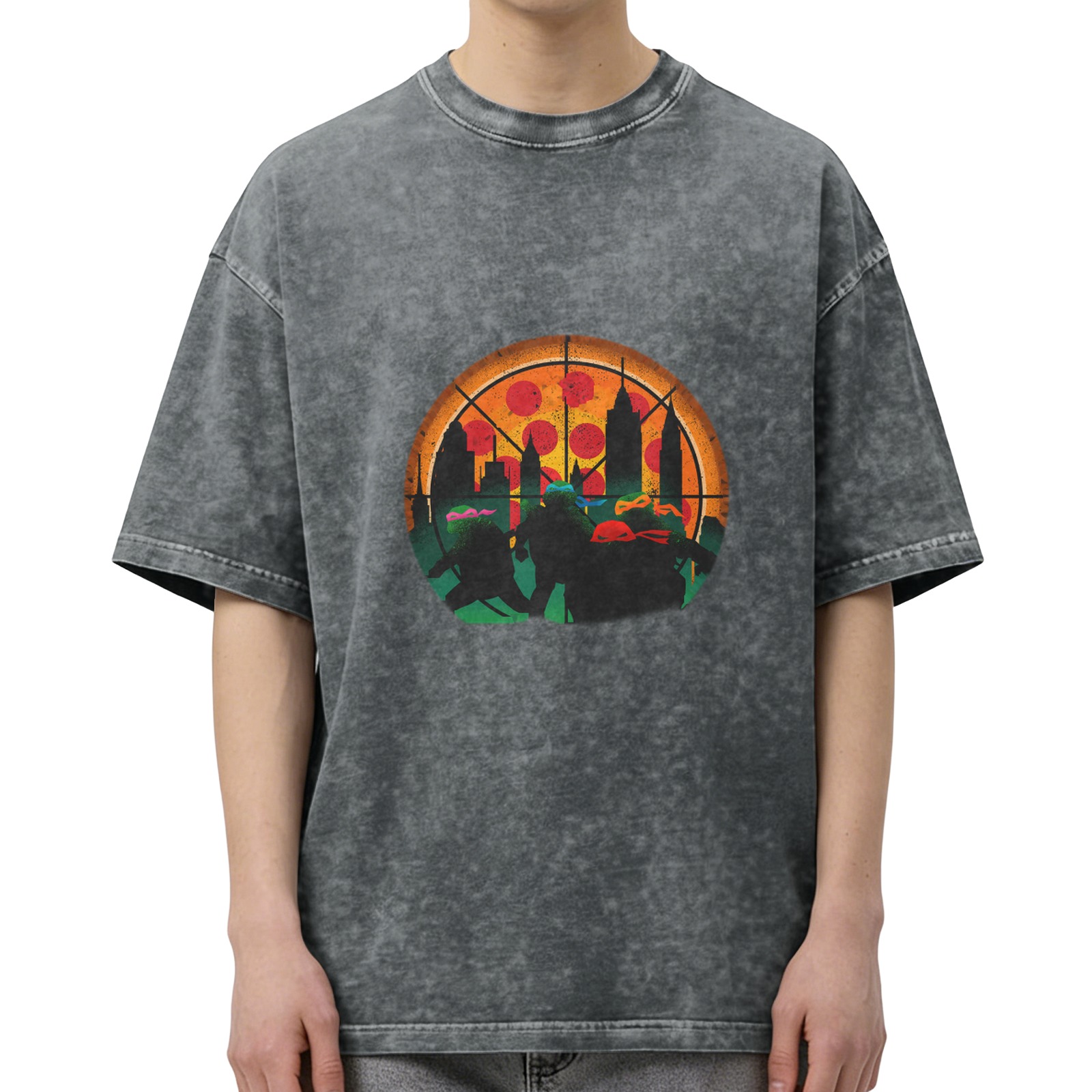 Teenage Mutant Ninja Turtles Pizza City Silhouette Acid Wash T-Shirt