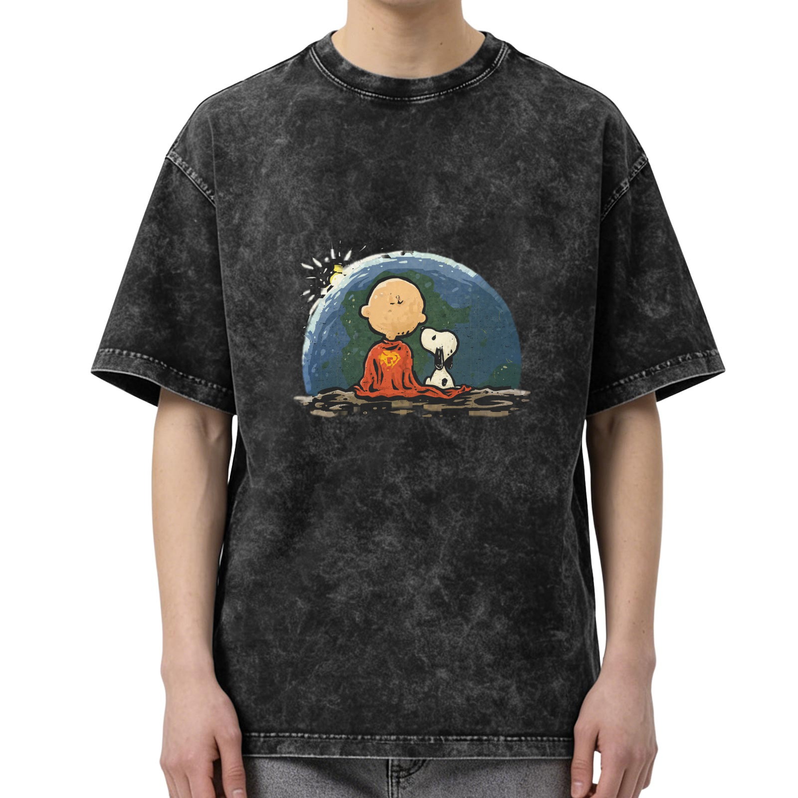 Washed distressed black loose short-sleeved T-shirt Peanuts comic Charlie Brown Snoopy printed top