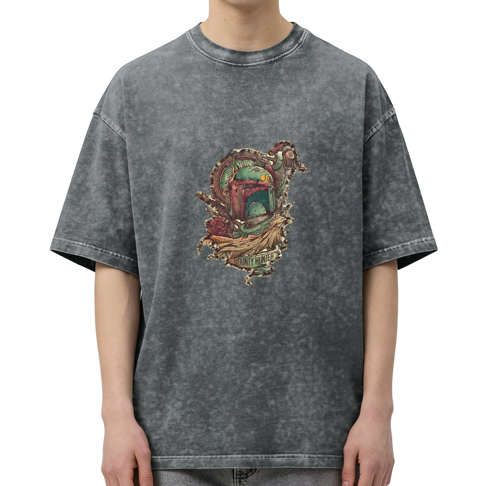 Distressed washed black loose short-sleeved T-shirt with bounty hunter theme print