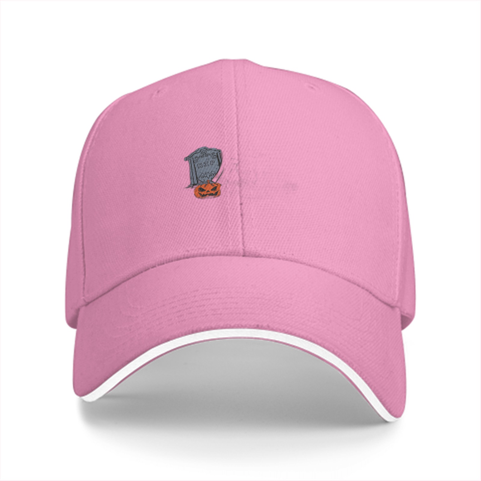 Black Baseball Cap with Halloween Tombstone and Jack-o'-lantern Graphic