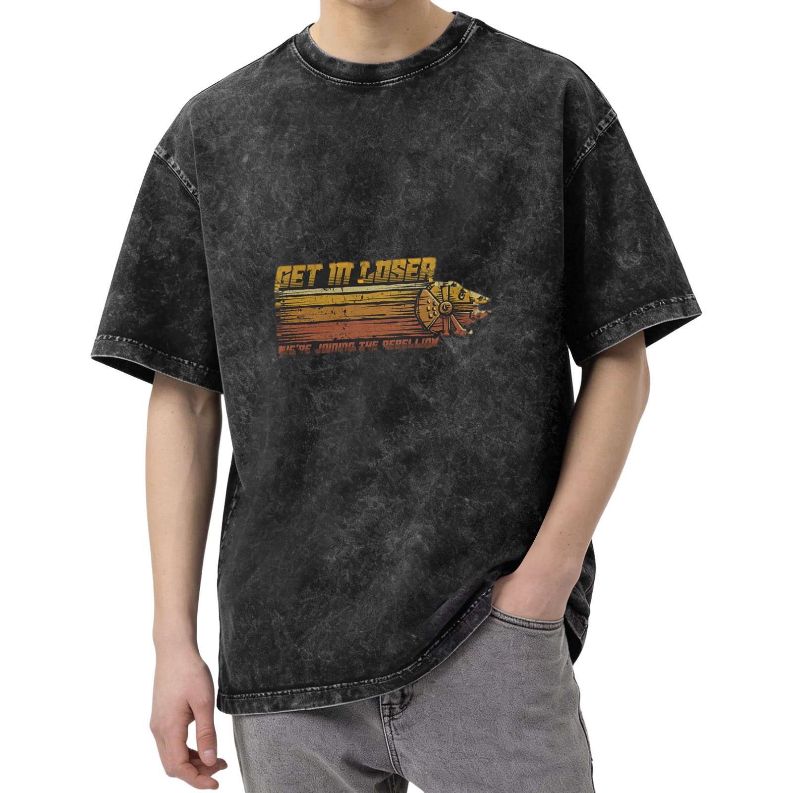 Star Wars themed 'Get In Loser We're Joining The Rebellion' graphic acid wash oversized short sleeve t-shirt
