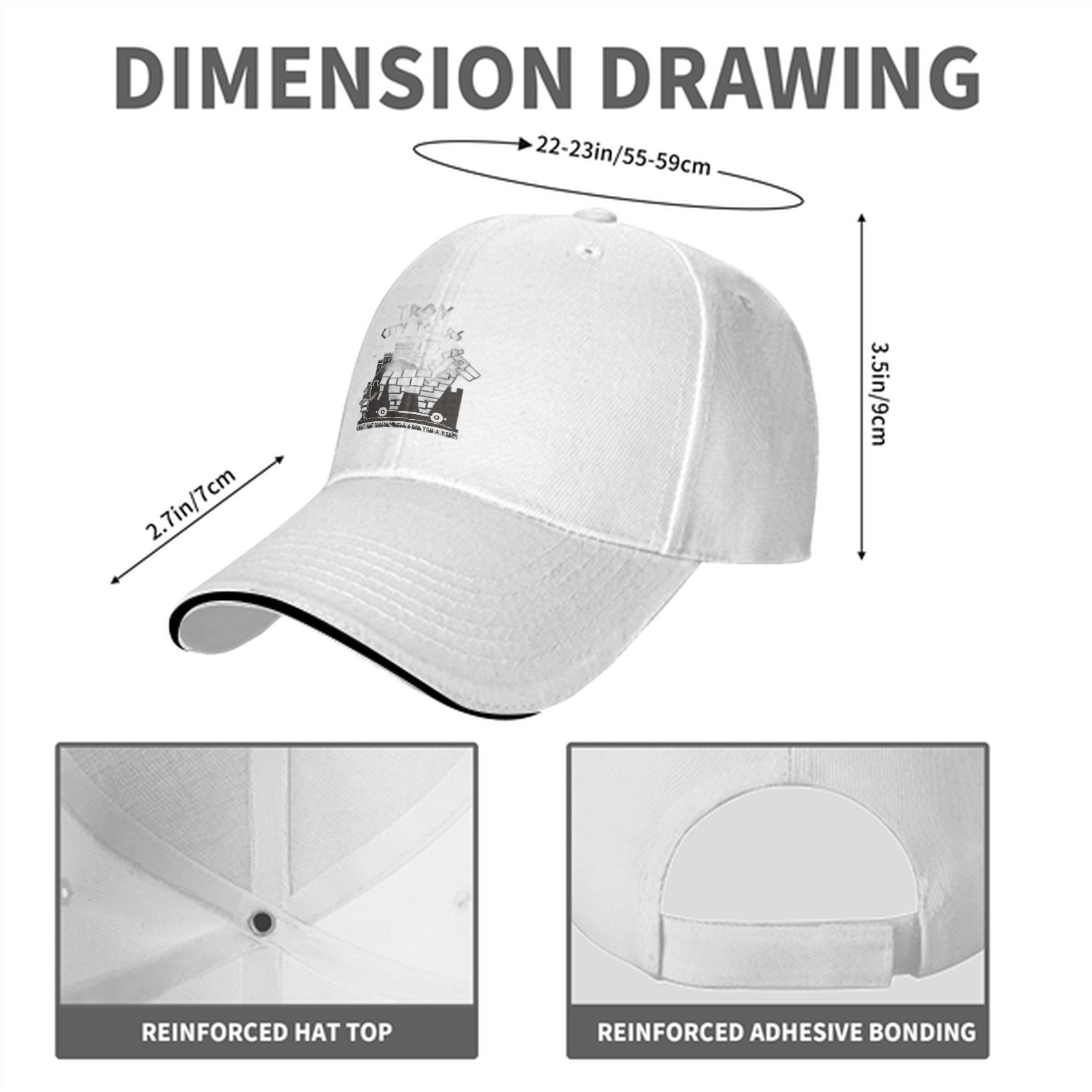Black baseball cap with monochrome graphic print on front