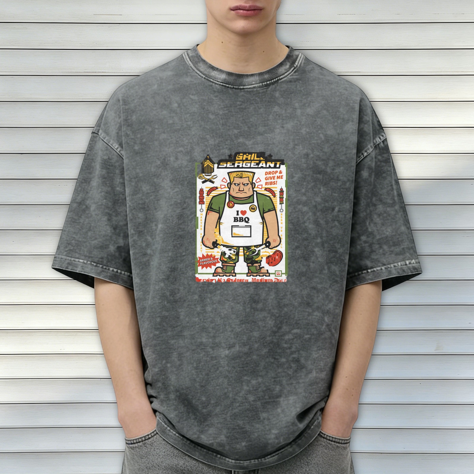 Washed black t-shirt with grill sergeant BBQ cartoon print
