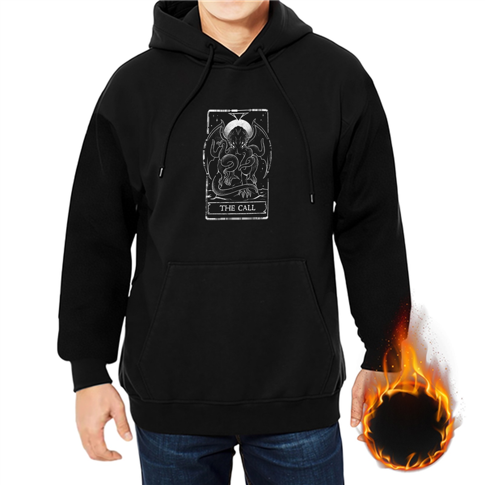 Black hoodie with 'The Call' cosmic monster tarot-style graphic