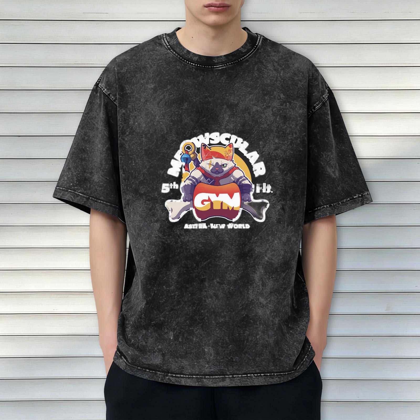 Oversized Vintage Wash T-Shirt with 'Meowscular Gym' Graphic Print
