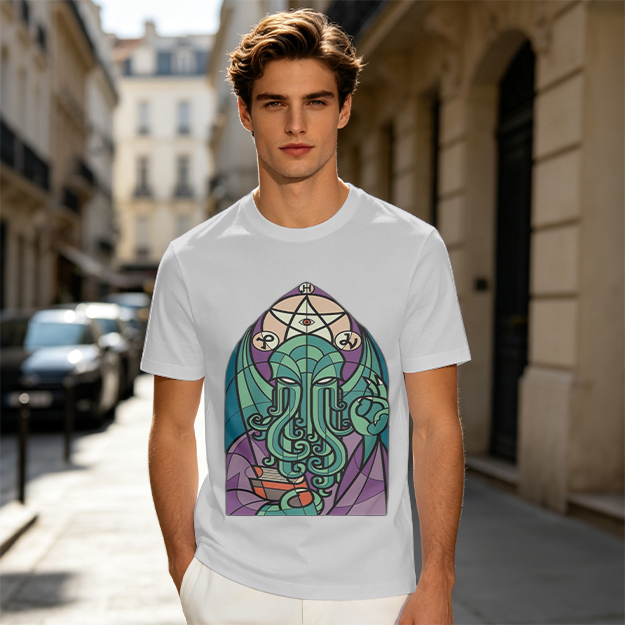 Olive T-Shirt with Stained Glass Style Cthulhu Occult Print